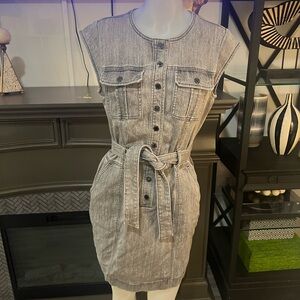 WHBM Women's Snap Button D1 Front Gray Acid Wash Belted Denim Mini Dress Size 6